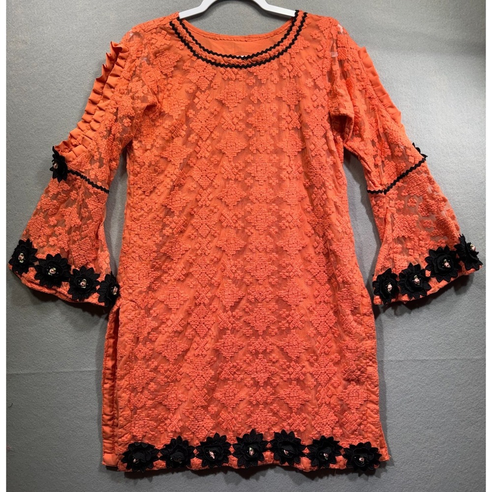 Women's Boho Lace Tunic Top Large Coral Orange Bell Sleeve Floral Applique Long